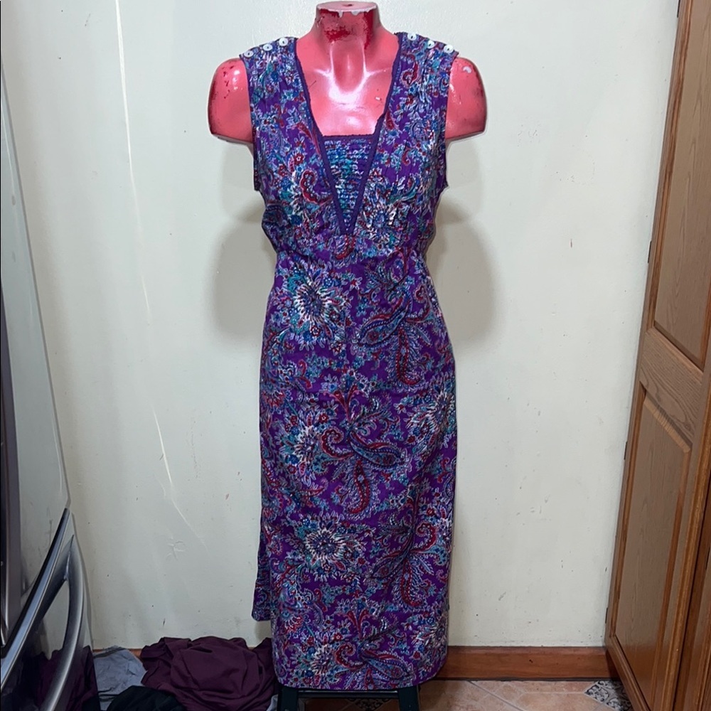 April Cornell Purple Paisley Sleeveless midi Dress with belt size medium